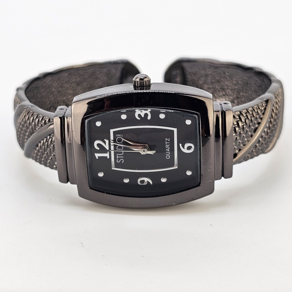 Studio Women's Cuff Analog Watch 25MM Black Dial Black Bands 5.5" NEW Battery